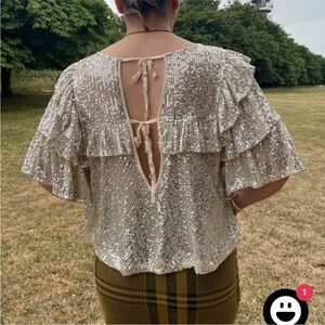 Free People Sequin Ruffle Blouse in Silver